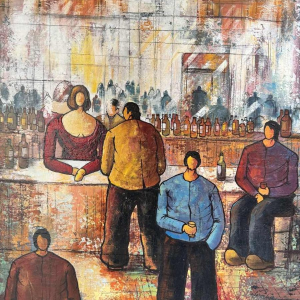 Michel MERCIE « Le bar » peinture, huile sur toile, fin du XXe s