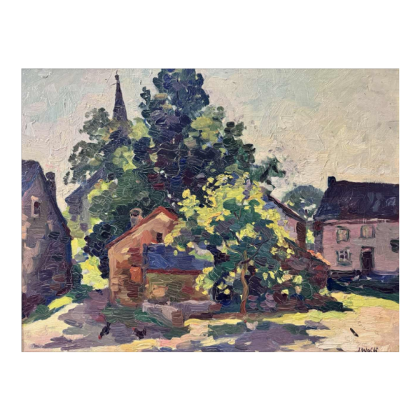 José WOLFF « Village près de Liège » peinture impressionniste huile sur panneau, XXe s