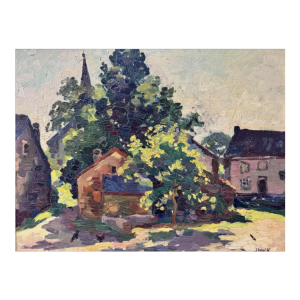 José WOLFF « Village près de Liège » peinture impressionniste huile sur panneau, XXe s