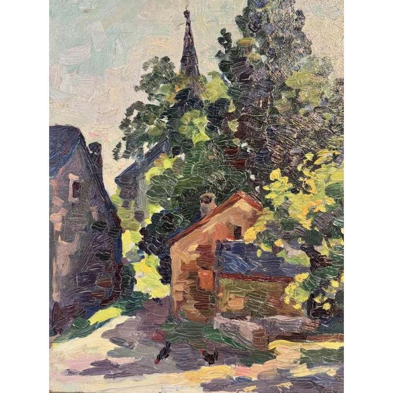 José WOLFF « Village près de Liège » peinture impressionniste huile sur panneau, XXe s