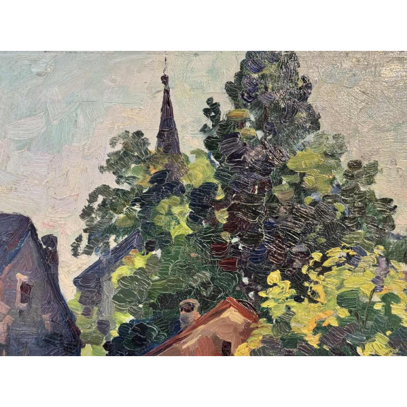 José WOLFF « Village près de Liège » peinture impressionniste huile sur panneau, XXe s