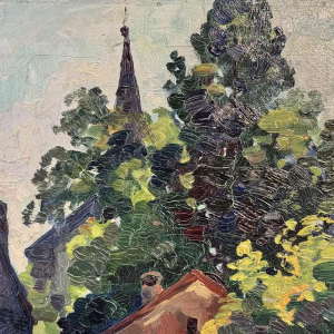 José WOLFF « Village près de Liège » peinture impressionniste huile sur panneau, XXe s