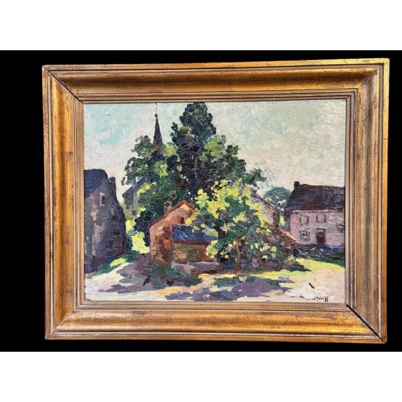 José WOLFF ‘Village near Liège’ impressionist painting oil on panel, 20th c