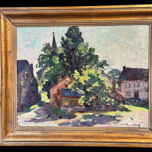 José WOLFF ‘Village near Liège’ impressionist painting oil on panel, 20th c