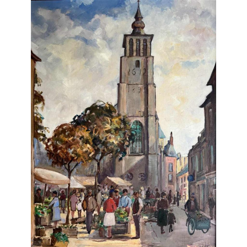 Pol Duruisseau « Namur, the market Place Vegetable market» painting oil on canvas