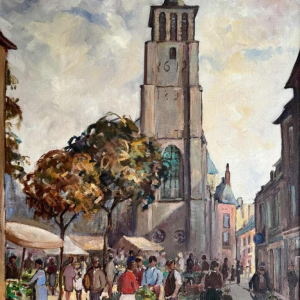 Pol Duruisseau « Namur, the market Place Vegetable market» painting oil on canvas
