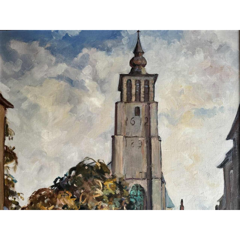 Pol Duruisseau « Namur, the market Place Vegetable market» painting oil on canvas