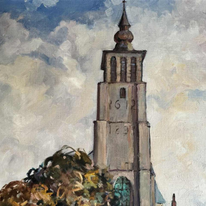 Pol Duruisseau « Namur, the market Place Vegetable market» painting oil on canvas