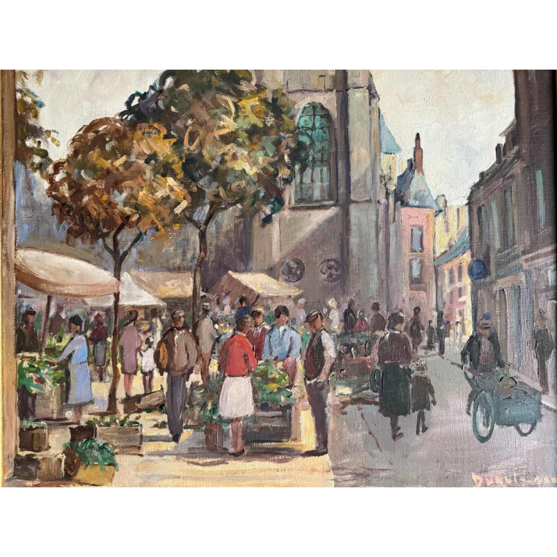 Pol Duruisseau « Namur, the market Place Vegetable market» painting oil on canvas