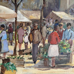 Pol Duruisseau « Namen, markt groentemarkt » schilderij olie op panel