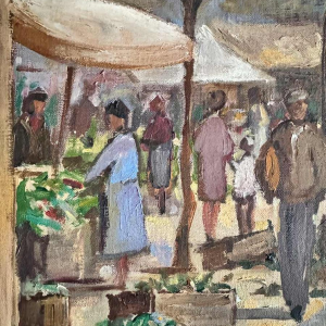 Pol Duruisseau « Namur, the market Place Vegetable market» painting oil on canvas