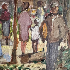 Pol Duruisseau « Namur, the market Place Vegetable market» painting oil on canvas