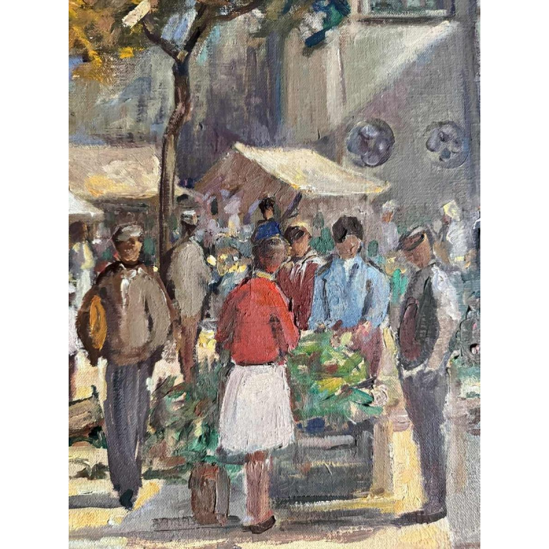 Pol Duruisseau « Namur, the market Place Vegetable market» painting oil on canvas