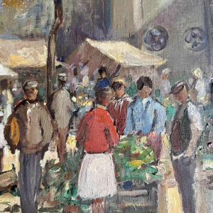 Pol Duruisseau « Namur, the market Place Vegetable market» painting oil on canvas