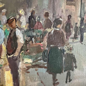 Pol Duruisseau « Namur, the market Place Vegetable market» painting oil on canvas