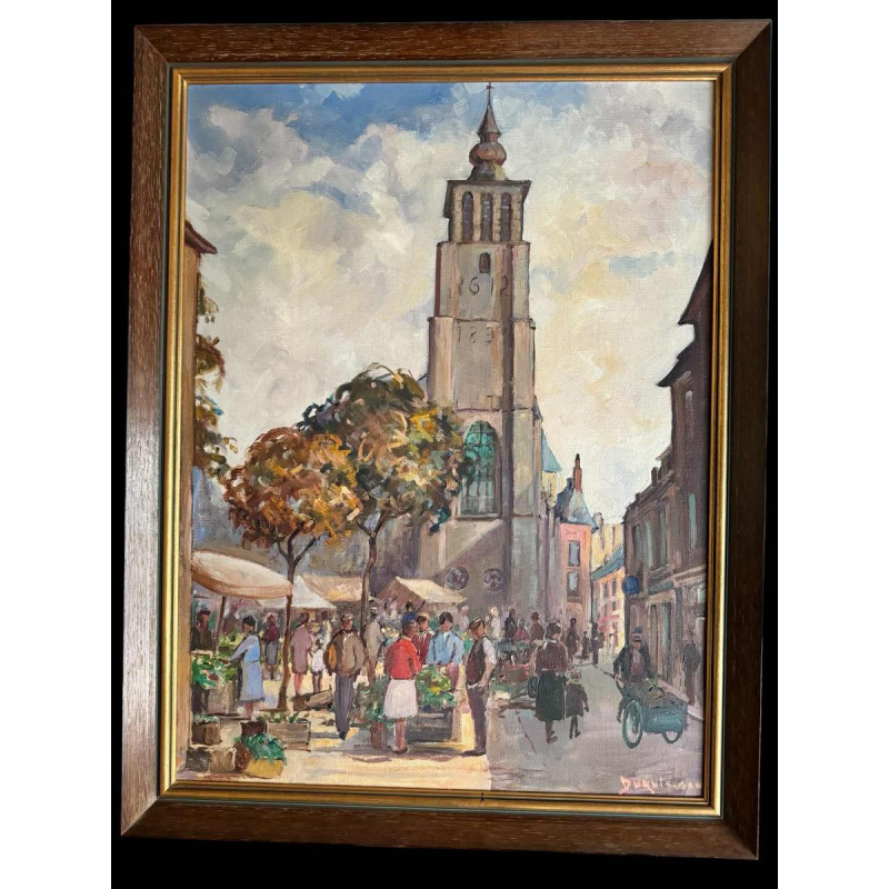 Pol Duruisseau « Namur, the market Place Vegetable market» painting oil on canvas