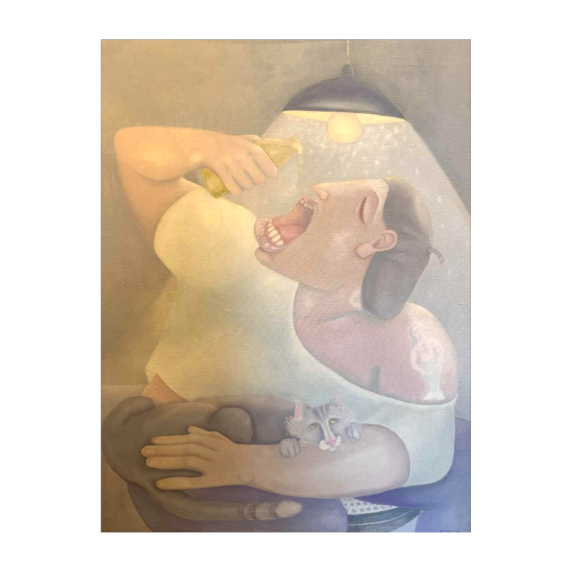 Mireille BASTIN « le buveur de bière et son chat » peinture huile sur toile Mireille BASTIN « le buveur de bière et son chat » peinture huile sur toile