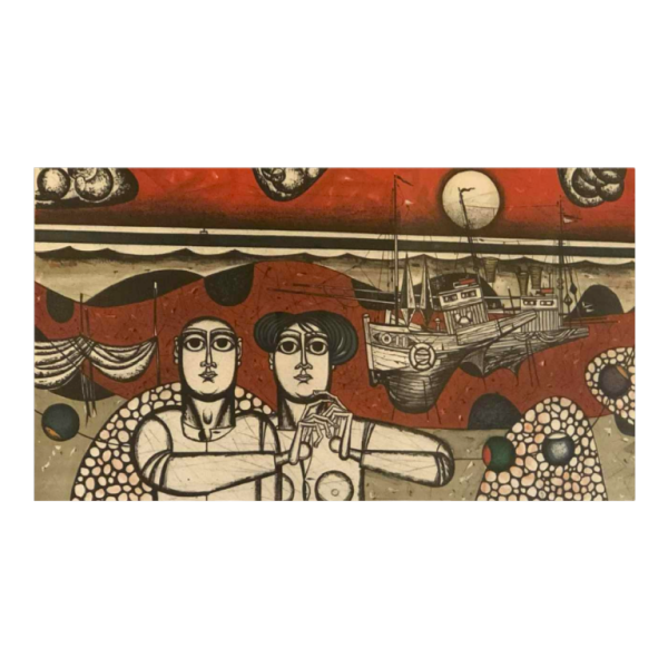 Gustave Camus "couple de personnages" lithogravure couleur numérotée 129/145, XXème siècle