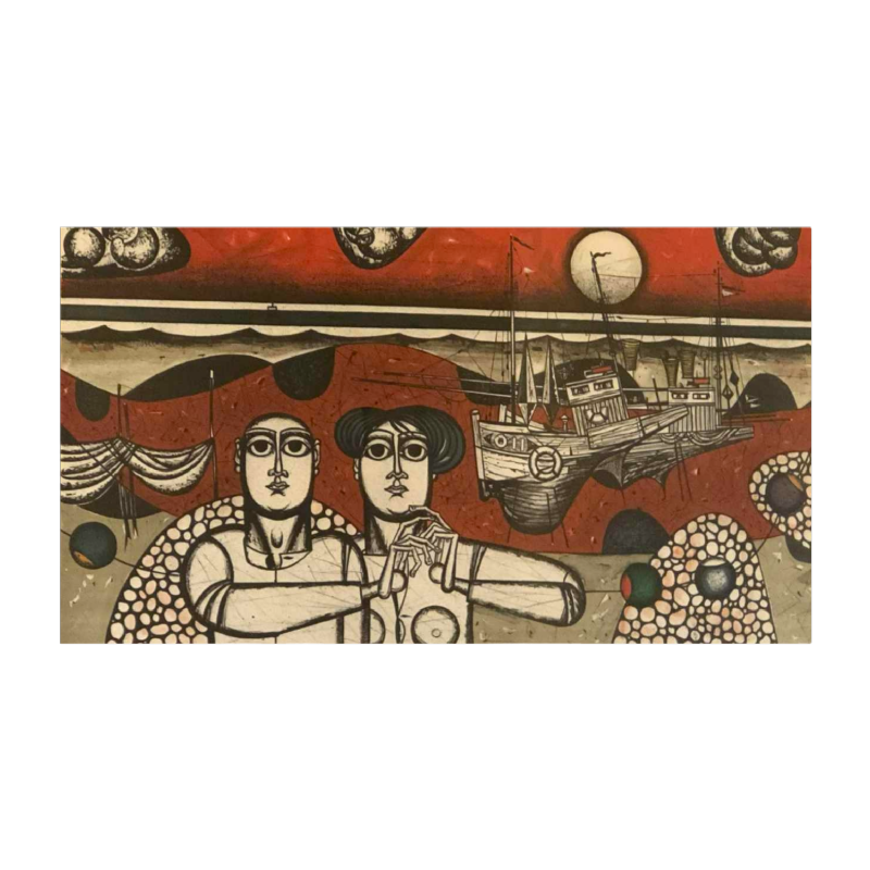 Gustave Camus ‘Pair of characters’ coloured lithograph numbered 129/145, 20th century