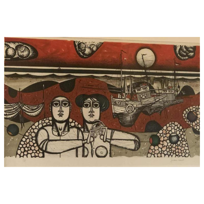 Gustave Camus “Paar personages” kleurenlitho genummerd 129/145, 20e eeuw