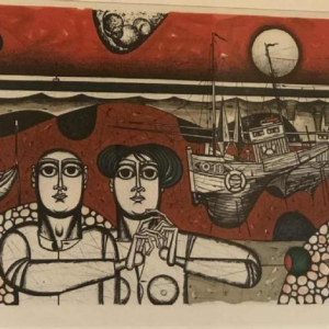 Gustave Camus "couple de personnages" lithogravure couleur numérotée 129/145, XXème siècle