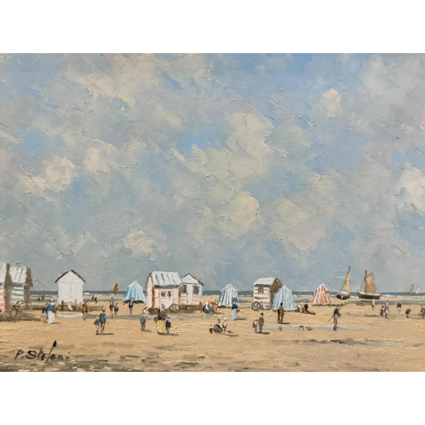 Pierre STEFANI «Cabines de plage à marée basse" Ostende?) tableau huile sur panneau