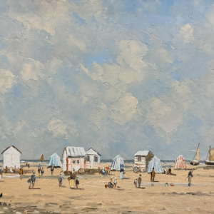 Pierre STEFANI "Strandhutten bij eb" Oostende?) olieverfschilderij op paneel