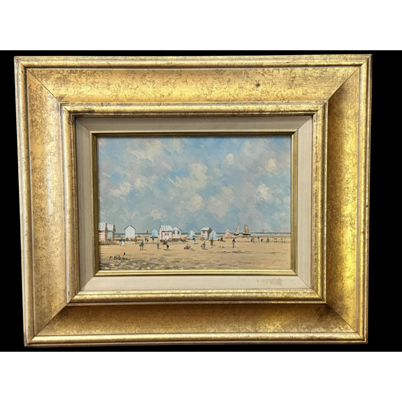 Pierre STEFANI "Beach huts at low tide" Ostend?) oil painting on panel
