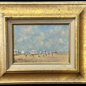 Pierre STEFANI "Strandhutten bij eb" Oostende?) olieverfschilderij op paneel