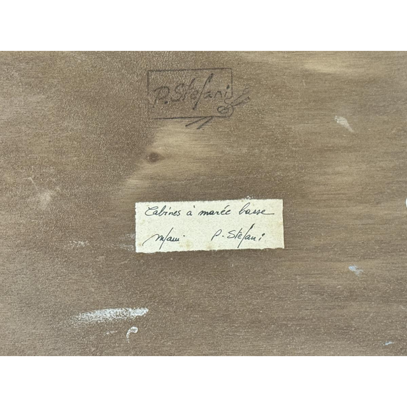 Pierre STEFANI "Strandhutten bij eb" Oostende?) olieverfschilderij op paneel