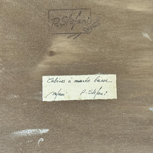 Pierre STEFANI "Strandhutten bij eb" Oostende?) olieverfschilderij op paneel