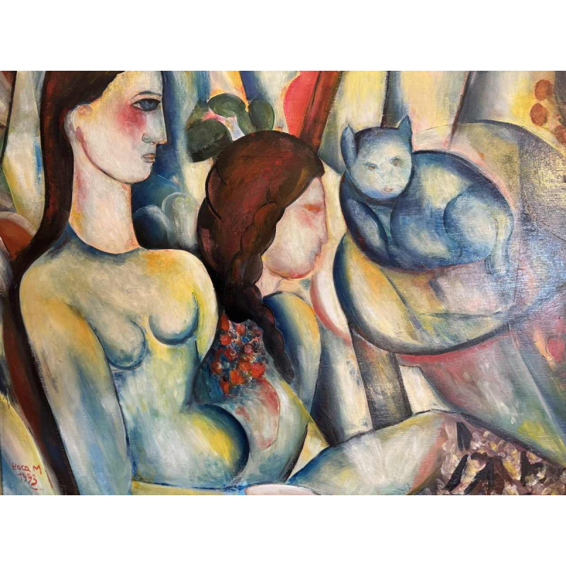 Marcel HOCQ "Our old cat» painting oil on panel