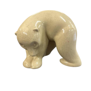 Faïencerie de Nimy, Art Deco ceramic bear sculpture, white crackle, ca 1930