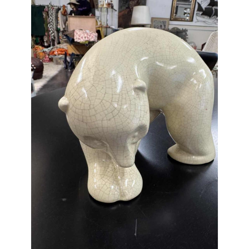 Faïencerie de Nimy, Art Deco ceramic bear sculpture, white crackle, ca 1930