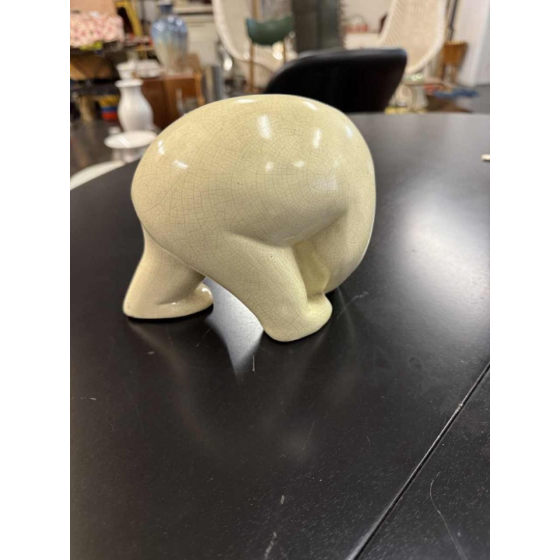 Faïencerie de Nimy, Art Deco ceramic bear sculpture, white crackle, ca 1930