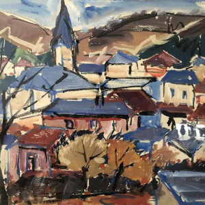 A. Pierard "Beauraing" peinture paysage, gouache sur papier