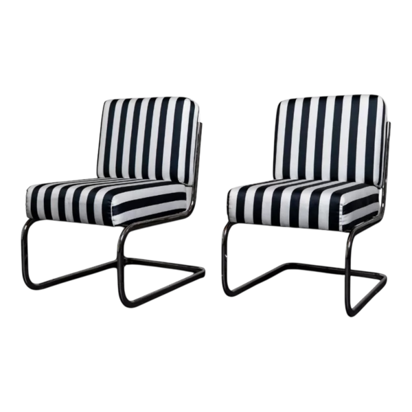 Pair of Modernist Bahaus style armchairs, striped fabric, 1970s