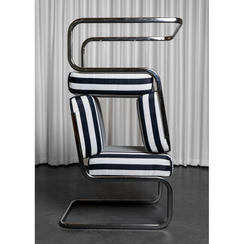 Paar modernistische fauteuils in Bahaus-stijl, gestreepte stof, jaren 70 Paar modernistische fauteuils in Bahaus-stijl, gestreepte stof, jaren 70