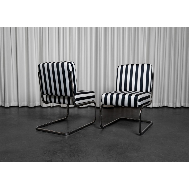 Pair of Modernist Bahaus style armchairs, striped fabric, 1970s Pair of Modernist Bahaus style armchairs, striped fabric, 1970s