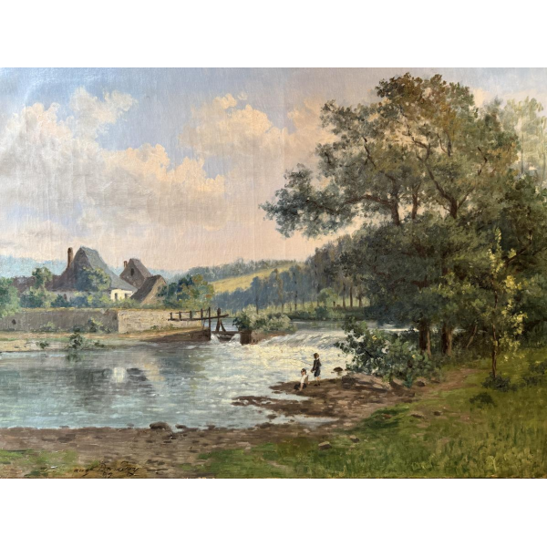 Auguste DANDOY «Jeunes pêcheurs à la ligne en bord de Lesse ?» 1892 peinture huile sur toile 60x80 cm