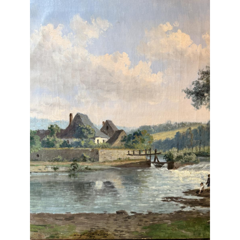 Auguste DANDOY «Jeunes pêcheurs à la ligne en bord de Lesse ?» 1892 peinture huile sur toile 60x80 cm Auguste DANDOY «Jeunes pêcheurs à la ligne en bord de Lesse ?» 1892 peinture huile sur toile 60x80 cm