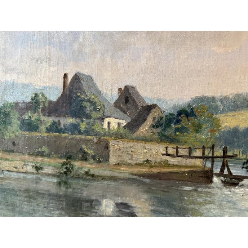 Auguste DANDOY «Jeunes pêcheurs à la ligne en bord de Lesse ?» 1892 peinture huile sur toile 60x80 cm Auguste DANDOY «Jeunes pêcheurs à la ligne en bord de Lesse ?» 1892 peinture huile sur toile 60x80 cm