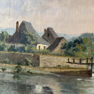 Auguste DANDOY «Jeunes pêcheurs à la ligne en bord de Lesse ?» 1892 peinture huile sur toile 60x80 cm Auguste DANDOY «Jeunes pêcheurs à la ligne en bord de Lesse ?» 1892 peinture huile sur toile 60x80 cm