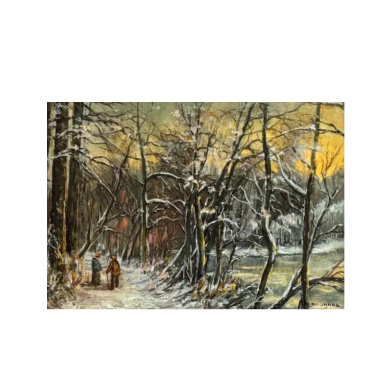 Adèle DOUHARD «Couple de promeneurs au Rouge Cloître en hiver» peinture huile sur panneau