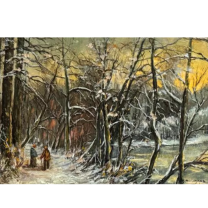 Adèle DOUHARD «Couple de promeneurs au Rouge Cloître en hiver» peinture huile sur panneau