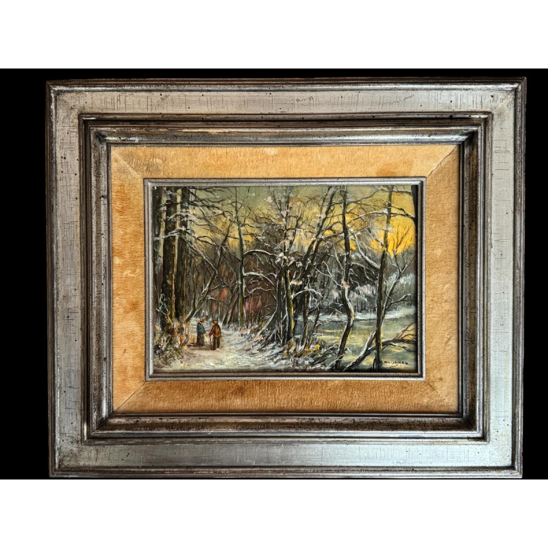 Adèle DOUHARD «Couple de promeneurs au Rouge Cloître en hiver» peinture huile sur panneau