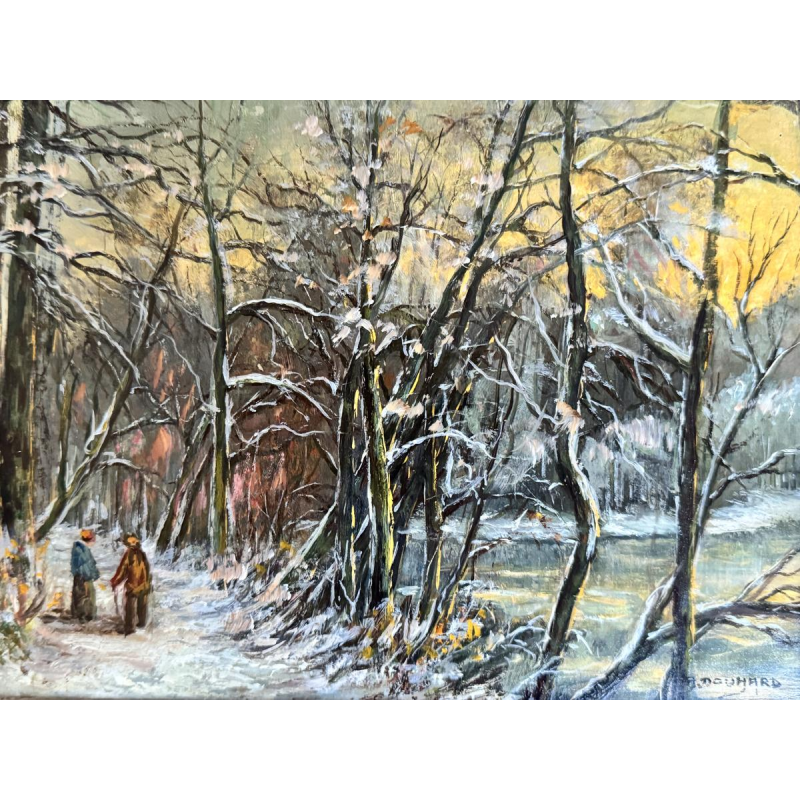 Adèle Douhard, "Een paar wandelaars in het Rouge Cloître in de winter", olieverf op paneel