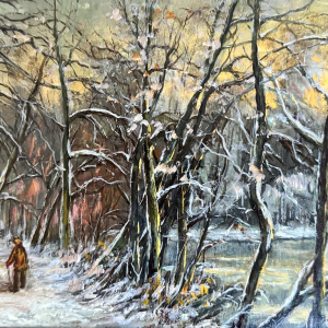 Adèle Douhard, "Een paar wandelaars in het Rouge Cloître in de winter", olieverf op paneel