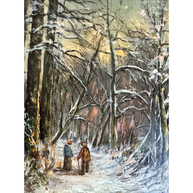 Adèle Douhard, "Een paar wandelaars in het Rouge Cloître in de winter", olieverf op paneel