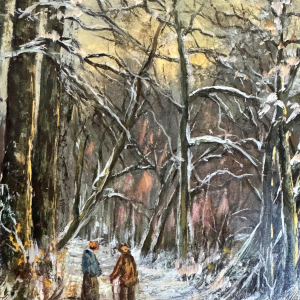 Adèle Douhard, "Een paar wandelaars in het Rouge Cloître in de winter", olieverf op paneel